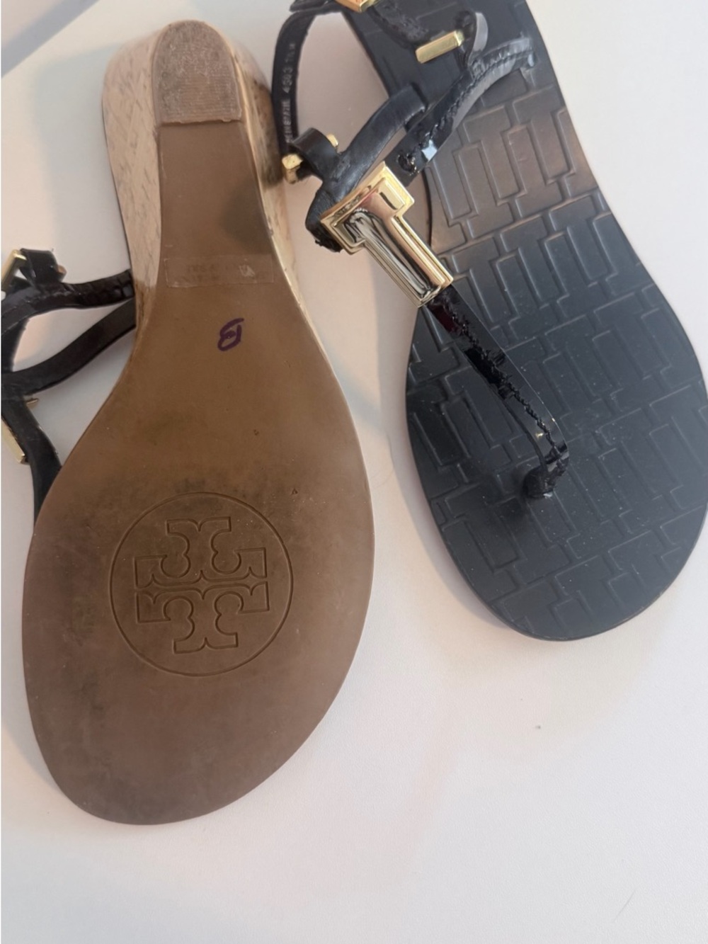 Tory Burch Black and Gold Logo Strap Sandals - Picture 2 of 4